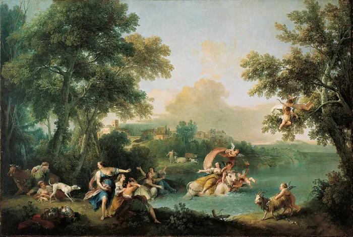 Framed Print : The Rape of Europa, by Francesco Zuccarelli, 1740 - 1750 about, 18th Century, oil on canvas, cm 143 x 208 - Italy, Veneto, Venice, Accademia Art Galleries. All