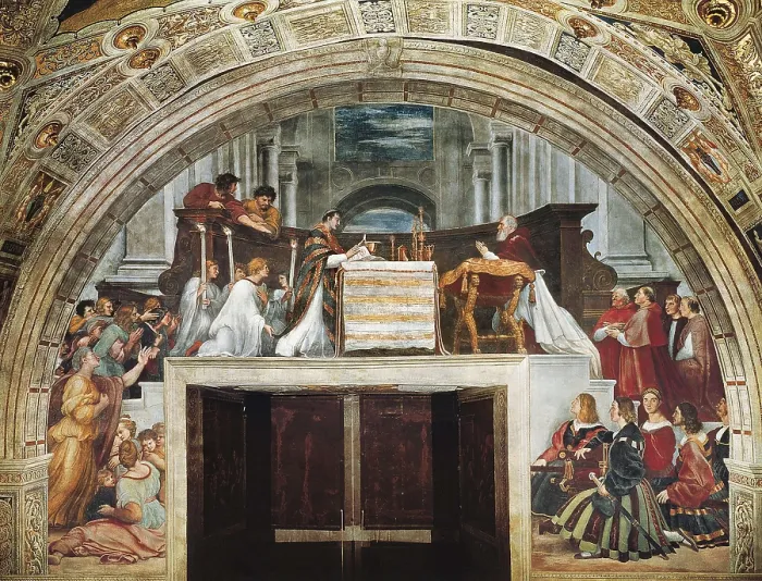 Framed Print : Raphael (1483-1520). The Mass of Bolsena. 1515. VATICAN CITY. Vatican Palaces. Stanza di Eliodoro