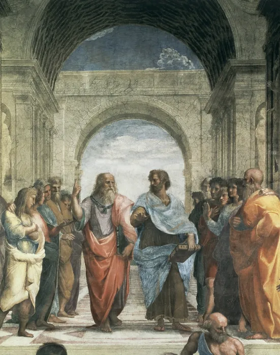 Framed Print : Raphael (1483-1520). Stanza della Segnatura: The School of Athens. VATICAN CITY. Vatican Palaces. Central detail with the figures of Plato (left) and Aristotle. Renaissance art