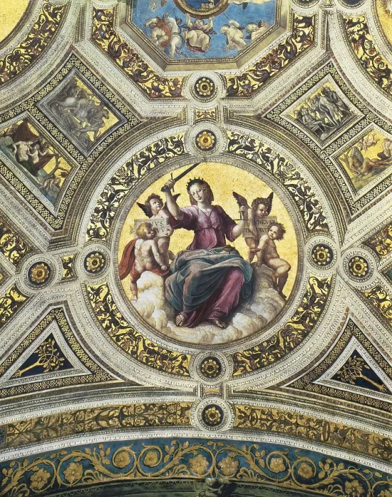 Framed Print : Raphael (1483-1520). Stanza della Segnatura (Signature Room). Justice. 1508. VATICAN CITY. Vatican Palaces. Renaissance art. Cinquecento. Fresco