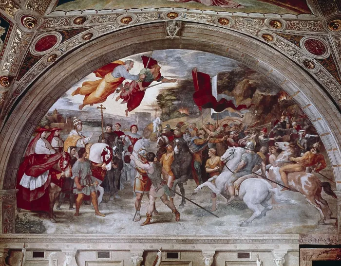 Framed Print : Raphael (1483-1520). Stanza di Eliodoro. The Meeting between Leo the Great and Attila. 1514. VATICAN CITY. Vatican Palaces. Renaissance art. Cinquecento. Fresco
