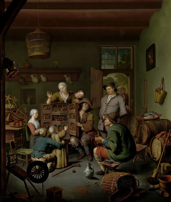 Framed Print : The Raree-Show ('t Fraay Curieus), by Willem van Mieris, 1718, Dutch painting, oil on panel