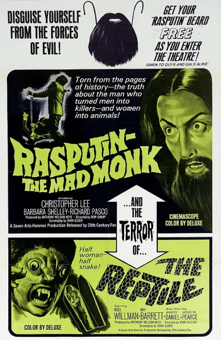 Framed Print : RASPUTIN: THE MAD MONK, Christopher Lee as Rasputin (top right), 1966; THE REPTILE, Jacqueline Pearce, 1966. TM & copyright 20th Century Fox Film Corp