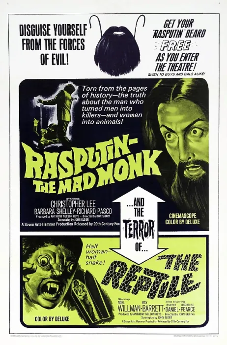 Framed Print : RASPUTIN-THE MAD MONK, THE REPTILE, US poster, Christopher Lee (top right), Noel Willman, 1966
