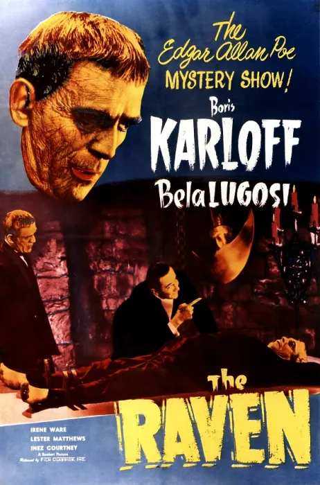 Framed Print : THE RAVEN, top left: Boris Karloff, bottom from left: Boris Karloff, Bela Lugosi, Samuel S. Hinds on 1949 poster art, 1935 Framed Print : THE RAVEN, top left: Boris Karloff, bottom from left: Boris Karloff, Bela Lugosi, Samuel S. Hinds on 1949 poster art, 1935