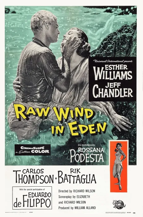 Framed Print : RAW WIND IN EDEN, US poster art, top from left: Jeff Chandler, Esther Williams; bottom right: Rossana Podesta, 1958