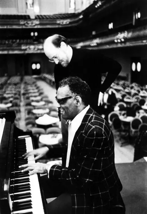 Framed Print : Ray Charles, with conductor / composer John Williams rehearsing for Charles apperance with the Boston Pops ca. 1980. Courtesy: CSU Archives  /  Everett Collection