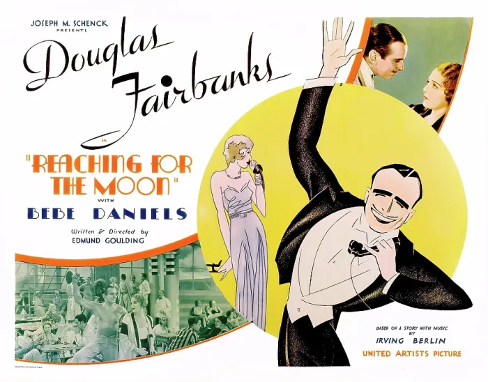 Framed Print : REACHING FOR TEH MOON, top l-r: Douglas Fairbanks, Bebe Daniels on poster art, 1930