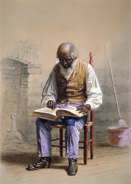 Framed Print : READING THE SCRIPTURES, by Thomas Waterman Wood, 1874, American watercolor painting. The artist grew up in rural Vermont, specialized in depicting African Americans Framed Print : READING THE SCRIPTURES, by Thomas Waterman Wood, 1874, American watercolor painting. The artist grew up in rural Vermont, specialized in depicting African Americans