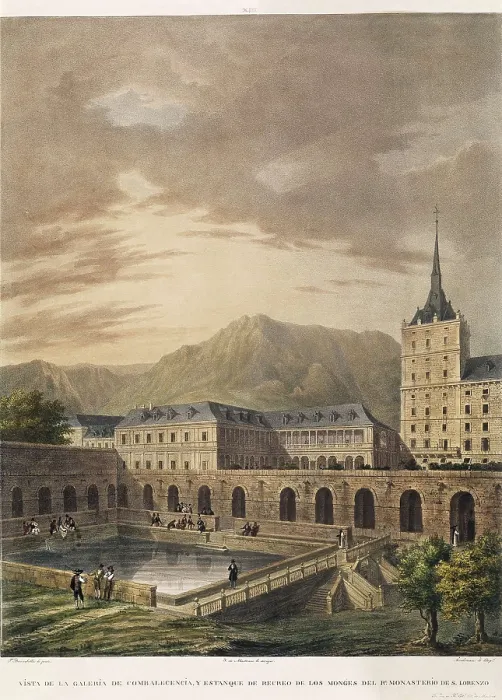 Framed Print : Real Monasterio de San Lorenzo del Escorial (19th c.). Convalescence gallery and leisure pond of the monks. Litography. SPAIN. Madrid. Municipal Museum