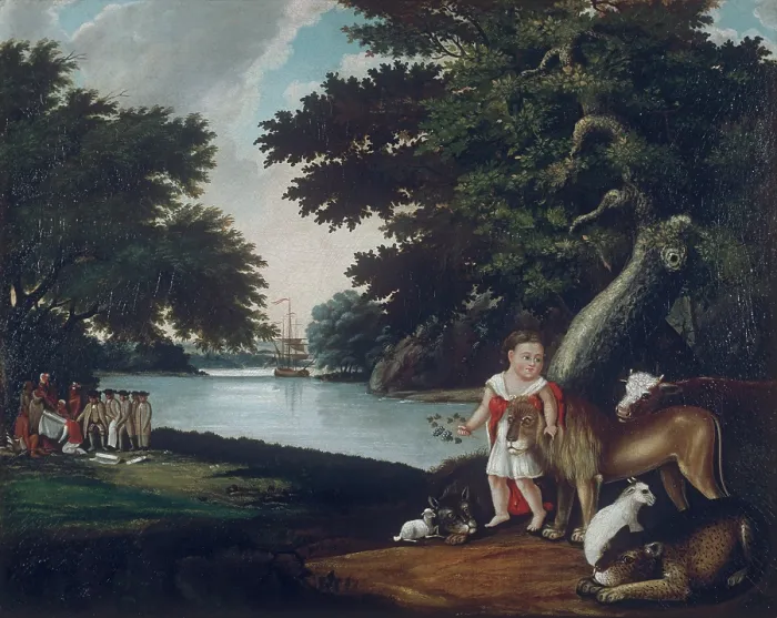 Framed Print : The realm of peace, by Edward Hicks, 1830 - 1835, 19th Century, oil on canvas - Whole artwork view. Idyllic scene among a rich vegetation on the banks of a river
