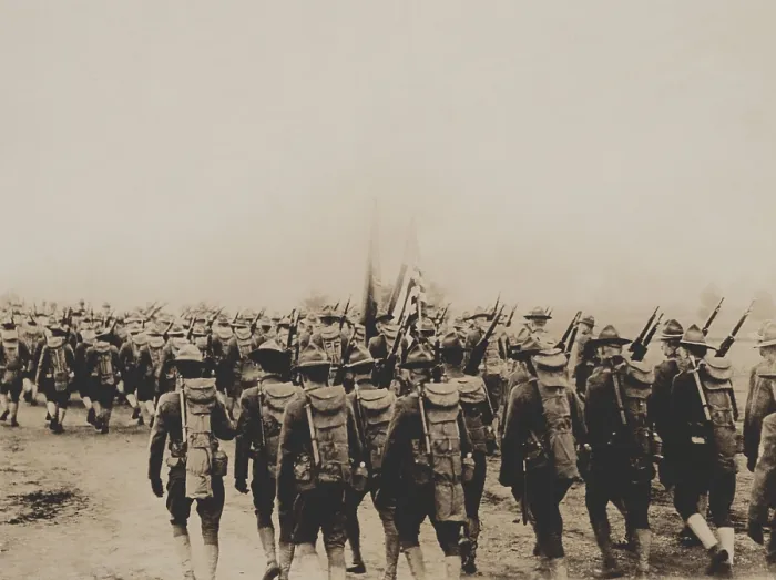 Framed Print : Rear view of U.S. Army Expeditionary Force soldiers marching during World War 1, 1917-1919 (BSLOC_2016_13_143.jpg )