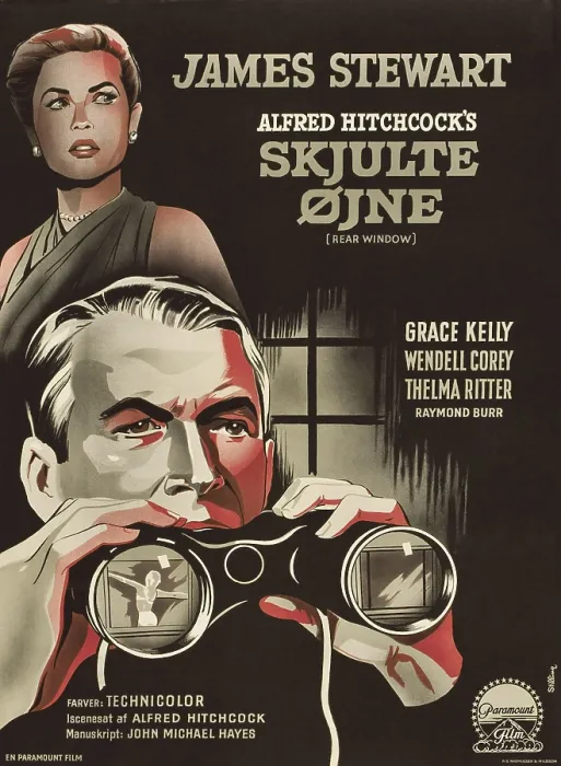 Framed Print : REAR WINDOW, (aka SKJULTE OJNE), from top on Danish poster art: Grace Kelly, James Stewart, Georgine Darcy, 1954