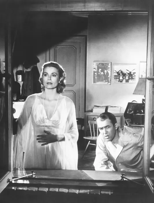 Framed Print : REAR WINDOW, from left: Grace Kelly, James Stewart, 1954
