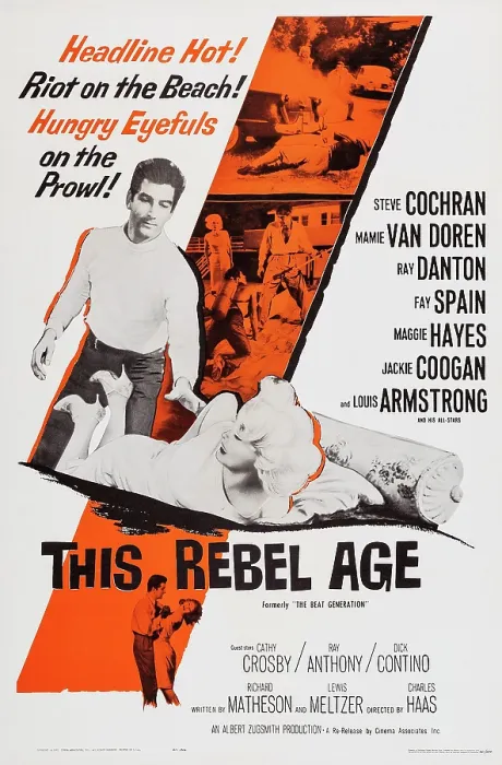 Framed Print : THIS REBEL AGE, (aka THE BEAT GENERATION), l-r: Ray Danton, Mamie Van Doren on poster art, 1959