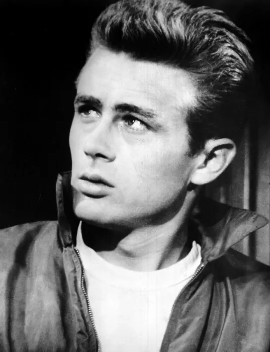 Framed Print : REBEL WITHOUT A CAUSE, James Dean in t-shirt and leather jacket, 1955