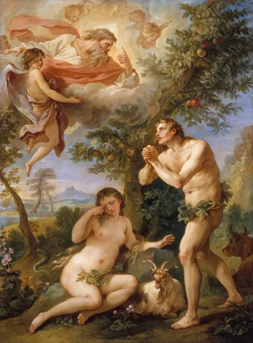 Framed Print : THE REBUKE OF ADAM AND EVE, by Charles Joseph Natoire, 1740, French painting, oil on copper. God the Father is clearly depicted, scolding a penitent Adam as Eve weeps