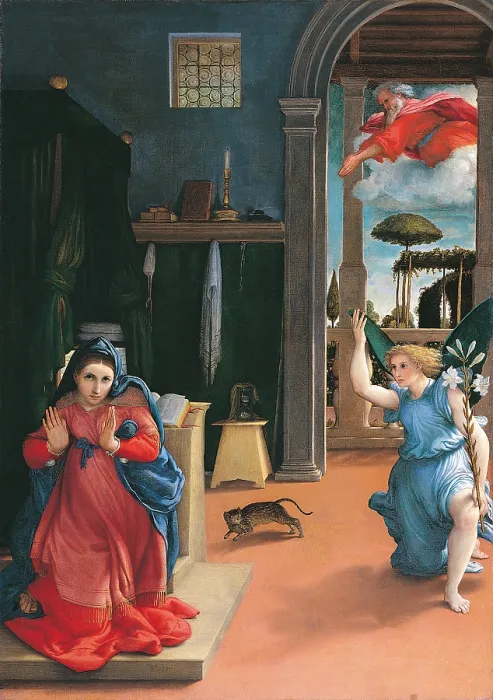 Framed Print : Recanati Annunciation (Annunciazione), by Lorenzo Lotto, 1532, 16th Century, oil on canvas, 166 x 114 cm - Italy, Marche, Recanati, Pinacoteca Civica Villa Colloredo Mels. Detail
