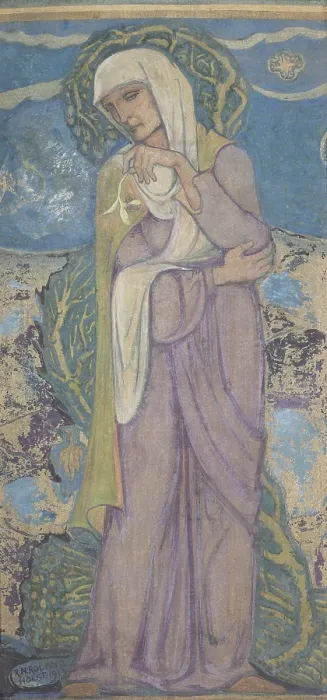 Framed Print : Recollection, by Richard Roland Holst, 1913, Dutch painting. Allegory with a old woman standing with a flower in the right hand with stylized tree in background (BSLOC_2016_2_292)