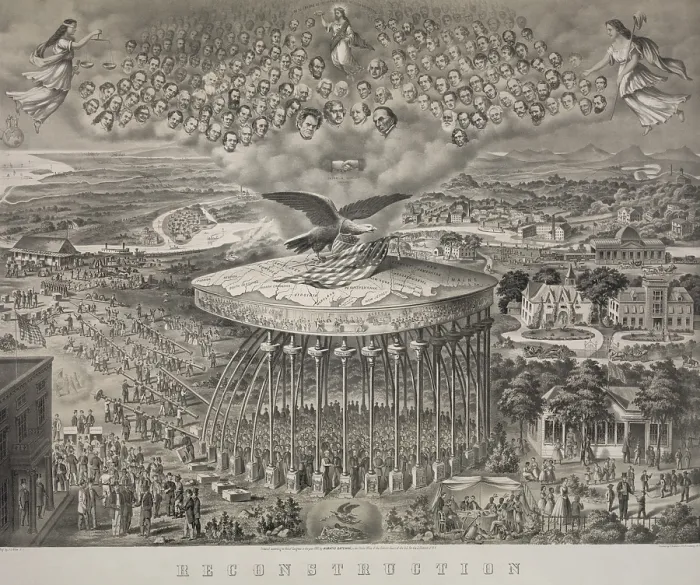 Framed Print : RECONSTRUCTION, 1867, presents a grand allegory of the reconciliation of North and South after the US Civil War Framed Print : RECONSTRUCTION, 1867, presents a grand allegory of the reconciliation of North and South after the US Civil War