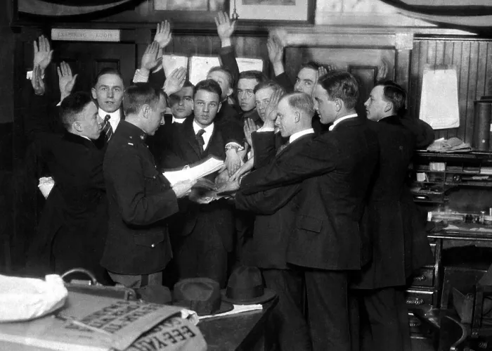 Framed Print : Recruits for U.S. Marine Corps being sworn in at recruiting station, New York City. World War I. Ca. 1918