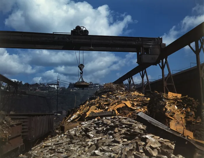 Framed Print : Recycling scrap steel during World War II at the Allegheny Ludlum Steel Corporation in Brackenridge, Pennsylvania