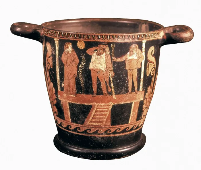 Framed Print : Red-figured skyphos with theatrical performance. 4th c. BC. Representation of Heracles and Hermes in a quarrel. Classical Greek art. Ceramics. ITALY. Milan Framed Print : Red-figured skyphos with theatrical performance. 4th c. BC. Representation of Heracles and Hermes in a quarrel. Classical Greek art. Ceramics. ITALY. Milan