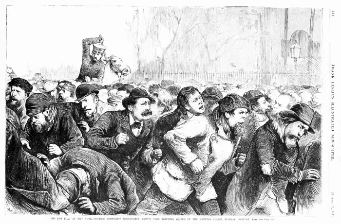 Framed Print : The red flag in New York - riotous Communist workingmen driven from Tompkins Square by the mounted police, Tuesday, January 13th, 1874. Woodcut, 1874