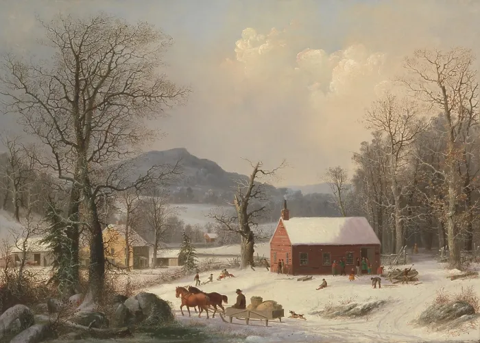 Framed Print : THE RED SCHOOL HOUSE, COUNTRY SCENE, by George Henry Durrie, 1858, American painting, oil on canvas Framed Print : THE RED SCHOOL HOUSE, COUNTRY SCENE, by George Henry Durrie, 1858, American painting, oil on canvas