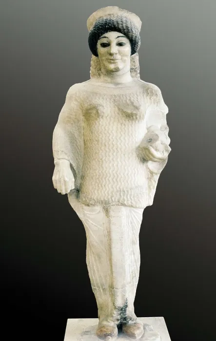 Framed Print : Red Shoes Kore. ca. 510 BC. Archaic Greek art. Sculpture on marble. GREECE. Athens. Acropolis. Acropolis Museum. Proc: GREECE. Athens. Acropolis