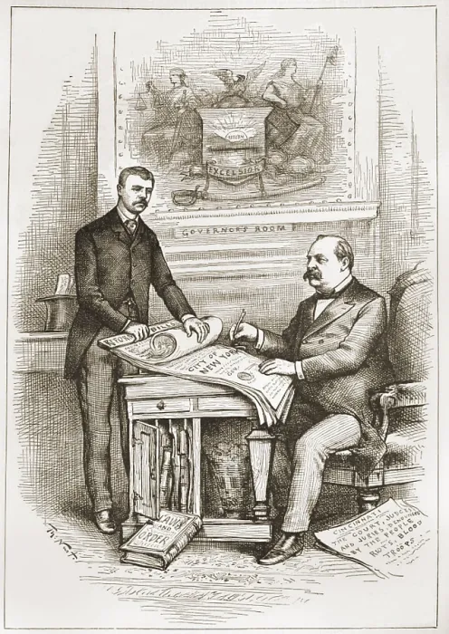 Framed Print : REFORM WITHOUT BLOODSHED. GOVERNOR CLEVELAND AND THEODORE ROOSEVELT AT THEIR GOOD WORK Framed Print : REFORM WITHOUT BLOODSHED. GOVERNOR CLEVELAND AND THEODORE ROOSEVELT AT THEIR GOOD WORK
