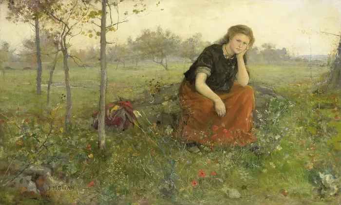 Framed Print : Refugee, by John Macallan Swan, c. 1870-1910, English painting, oil on canvas. Young woman sitting on a rock beside her bundle of belongings (BSLOC_2016_2_115)