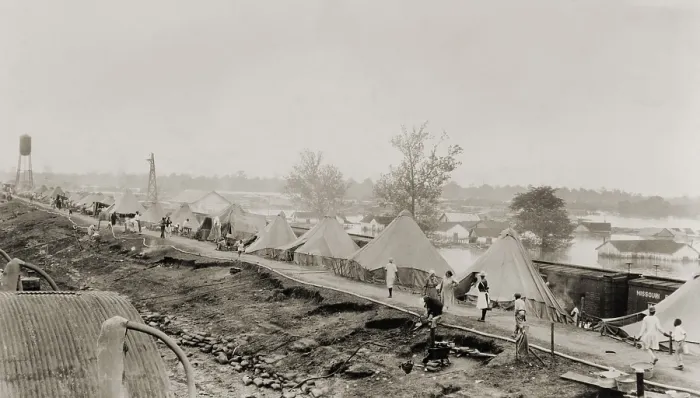 Framed Print : Refugees at a tent city on the levee, with partially submerged houses of Arkansas City in background, during the 1927 Flood Framed Print : Refugees at a tent city on the levee, with partially submerged houses of Arkansas City in background, during the 1927 Flood