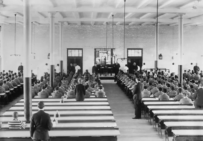 Framed Print : Regimented dinner in the new penitentiary in Atlanta, Georgia c. 1905. When opened in 1902, it was the largest Federal prison, holding 3, 000 inmates (BSLOC_2018_1_172) Framed Print : Regimented dinner in the new penitentiary in Atlanta, Georgia c. 1905. When opened in 1902, it was the largest Federal prison, holding 3, 000 inmates (BSLOC_2018_1_172)