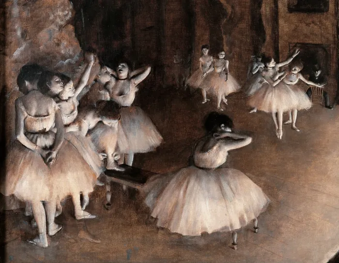 Framed Print : Rehearsal on Stage, by Edgar Degas, 1874, 19th Century, oil on canvas - France, Paris, Muse d'Orsay. Detail. A group of dancers rehearsing their show on the theater stage