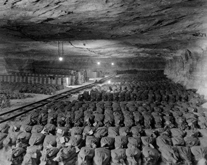 Framed Print : Reichsbank gold, SS loot, paintings in a Salt mine in Merkers, Germany. April 15, 1945. Photo by the Monuments, Fine Arts, and Archives, (MFAA), the U.S