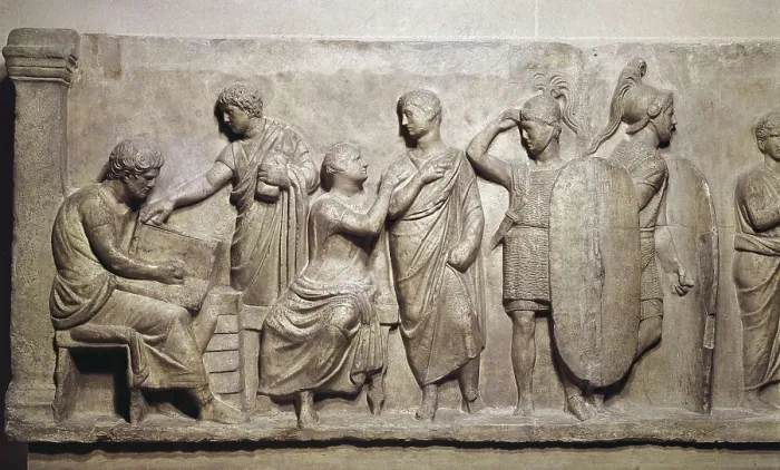 Framed Print : Relief of Domitius Ahenobarbus. 2nd c. BC. Depiction of a census scene. Roman art. Early Empire. Relief on marble. FRANCE. Paris. Louvre Museum. Proc: ITALY. Rome