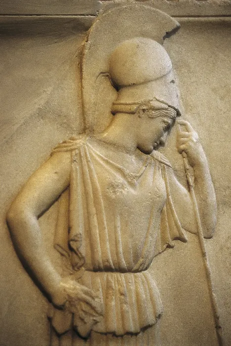 Framed Print : Relief of the 'Mourning Athena'. 460 BC. Classical Greek art. Relief on marble. GREECE. Athens. Acropolis. Acropolis Museum. Proc: GREECE
