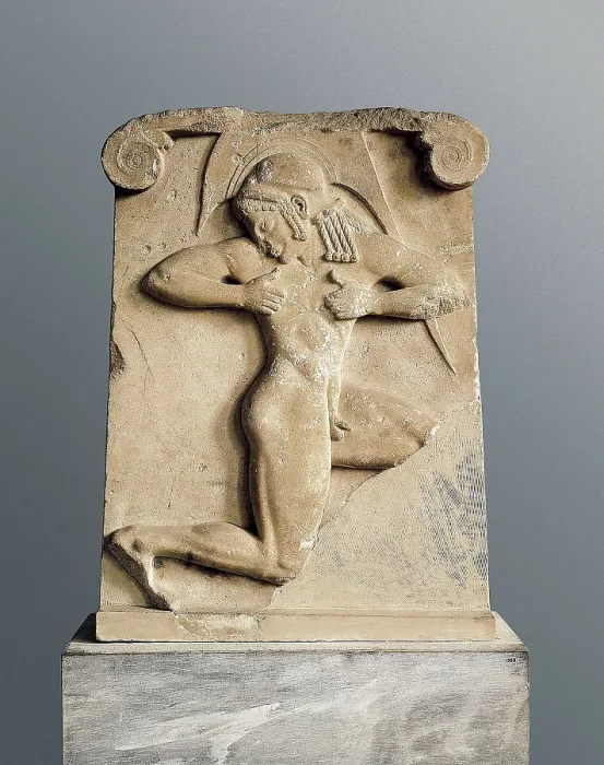 Framed Print : Relief oh the hoplitodromos. ca. 500 BC. Depiction of a hoplite running. Archaic Greek art. Relief on marble. GREECE. Athens. National Museum of Archaeology. Proc: GREECE. Athens
