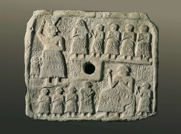 Framed Print : Relief of Urnanshe, King of Lagash. 2550 -2500 BC. This depicts King Urnanshe with his family and some officers at the ceremony of a temple construction