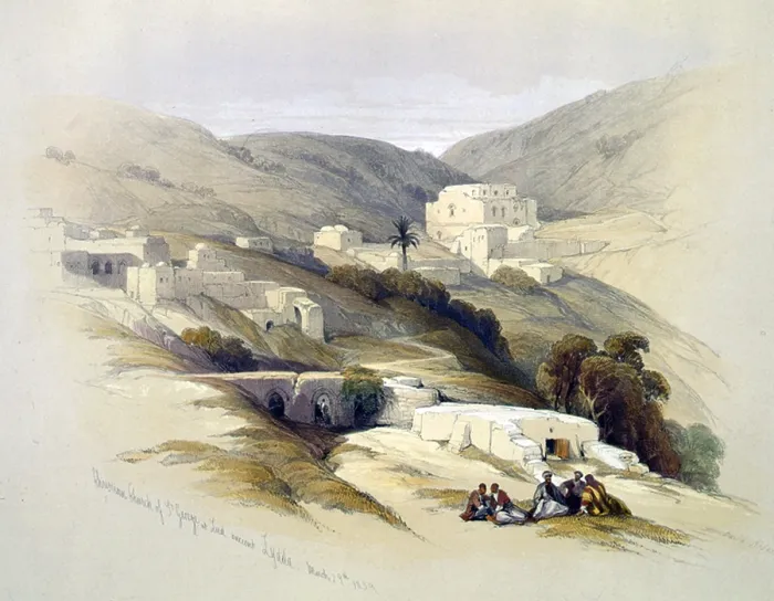 Framed Print : Religion, 4th century Church of St George at Lydda, color lithograph ca 1839