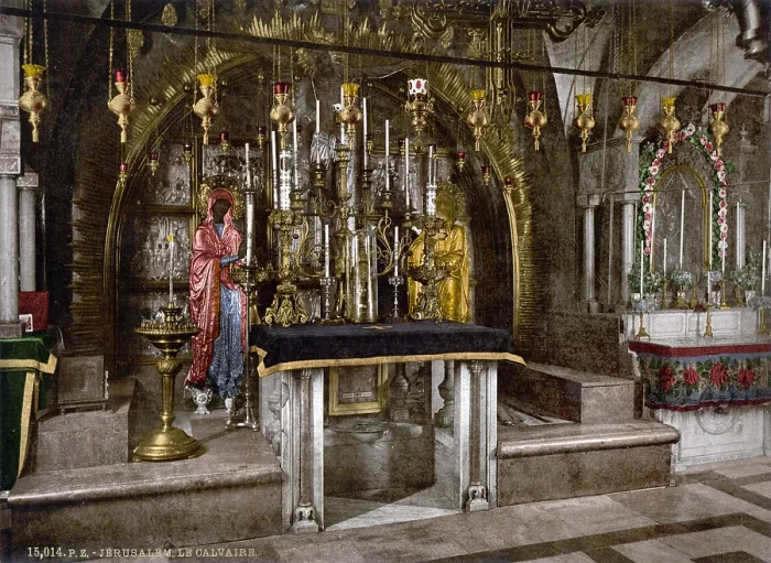 Framed Print : Religion, The Calvary and the Greek altar in the Church of the Holy Sepulchre, Jerusalem, on the site of Golgotha, the Hill of Calvary; color photochrom, 1890s