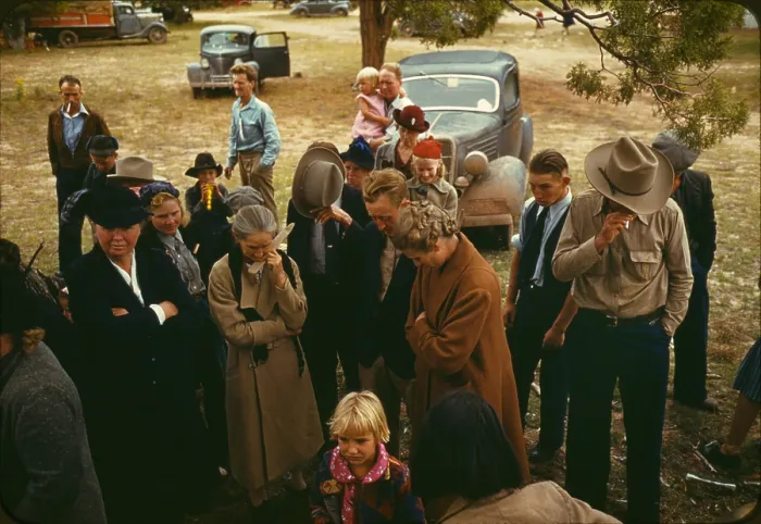 Framed Print : Religion, Grace was said before the barbecue was served at the Pie Town, New Mexico fair, photograph by Lee Russell, from U.S. War Office of Information, 1944