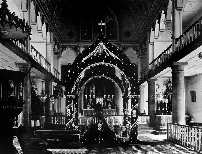 Framed Print : Religion, Our Lady of Peace Cathedral, interior with altar and skull and crossbones, 1183 Fort Street, Honolulu, Hawaii, 1886