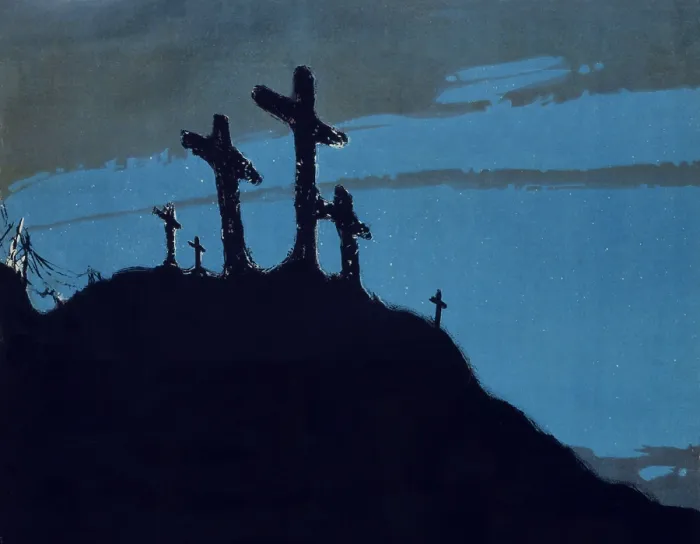 Framed Print : Religion. Detail of a World War I poster showing graves marked with crosses on a hill, much like views of Calvary, color lithograph by Welsh devitt, 1918