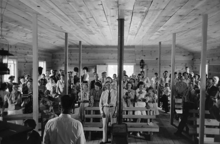 Framed Print : Religious service in the Pie Town, New Mexico church. Pie town was settled in the 1930's by 250 homesteader families who migrated from the Dust Bowl. June 1940