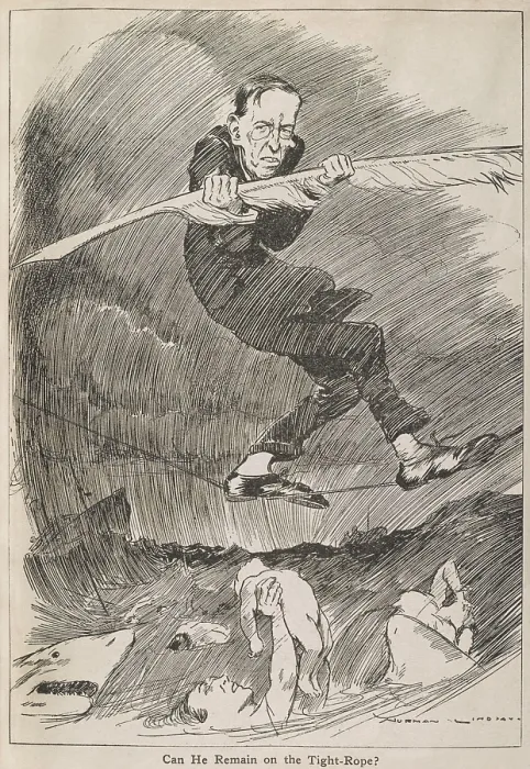 Framed Print : CAN HE REMAIN ON THE TIGHT-ROPE? President Woodrow Wilson balancing with a quill pen, on a tightrope over a shark infested Atlantic Ocean and victims of German submarine warfare Framed Print : CAN HE REMAIN ON THE TIGHT-ROPE? President Woodrow Wilson balancing with a quill pen, on a tightrope over a shark infested Atlantic Ocean and victims of German submarine warfare