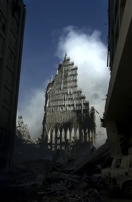 Framed Print : Remains of the North Tower of the World Trade Center, Sept. 14, 2001. New York City, after September 11, 2001 terrorist attacks. U.S Framed Print : Remains of the North Tower of the World Trade Center, Sept. 14, 2001. New York City, after September 11, 2001 terrorist attacks. U.S