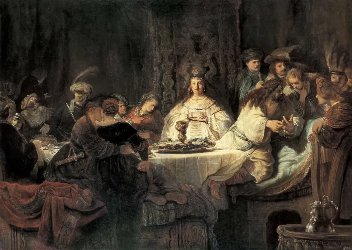Framed Print : REMBRANDT, Harmenszoon van Rijn, called (1606-1669). Samson Proposing the Riddle at the Wedding Feast. 1638. Baroque art. Oil on canvas. GERMANY. Dresden