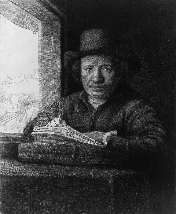 Framed Print : Rembrandt van Rijn (1606-1669), in a self portrait etching of 1648